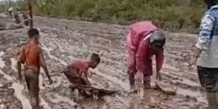 Viral, Video Anak-anak SD Bantu Guru Melintas di Jalan Berlumpur Gunakan Papan dan Cangkul